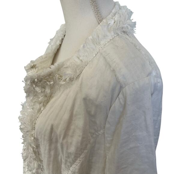 Chico's Jacket Women's 3 16/18 XL White Linen Blend Eyelash Fringe Trim Lined - Picture 4 of 11